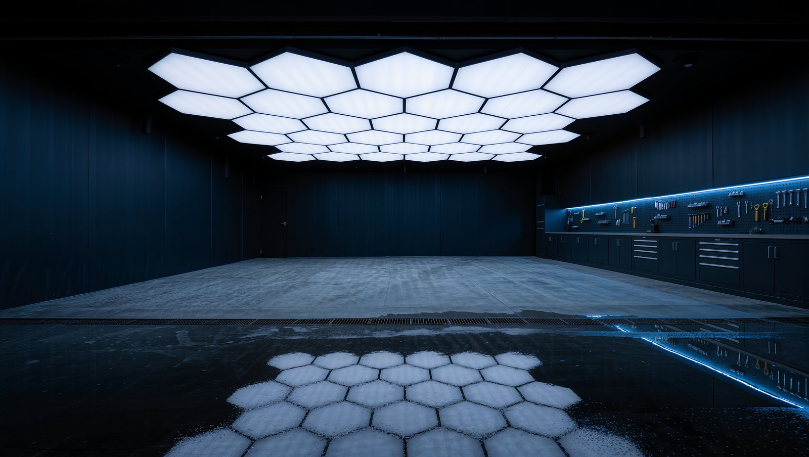 Verkstadens hall med hexagonbelysning speglad i golvet